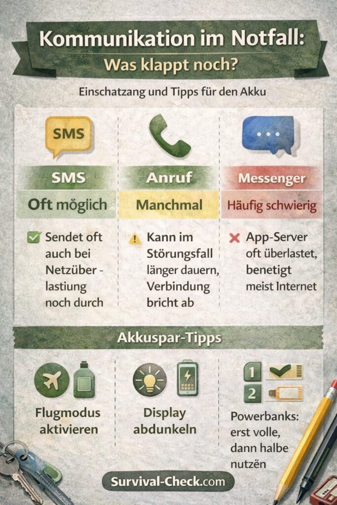 „Infografik zur Kommunikation im Notfall: Vergleich von SMS, Anruf und Messenger mit Einschätzung, was meist noch funktioniert, plus Akkuspar-Tipps.“